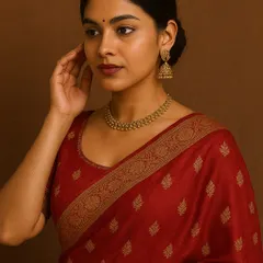 A slight turn away from the camera can add a touch of softness and contemplation. This profile shot highlights the delicate necklace and the beautiful texture of the Banarasi saree, showing a different mood from the same session.