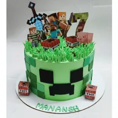 I built this Minecraft world with a fresh fruit cake base and lots of creative details. The Creeper design, TNT blocks, and character toppers are perfect for any young gamer's birthday party.