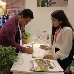 Our team engaging with a visitor at our FOAID 2024 stall. We value these opportunities to connect with industry professionals, share our passion for green design, and discuss future collaborations.