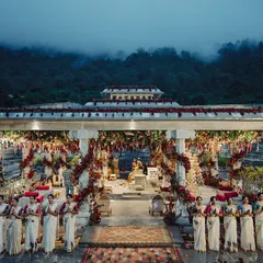 Against the backdrop of the misty Nandi Hills, we designed this breathtaking setup for Rajini and Vishwas's traditional Bunt ceremony. The scale of the venue was matched with dramatic floral arrangements, creating a scene that felt both epic and sacred.