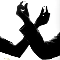 A creative silhouette shot of the couple's hands holding their engagement rings. This artistic photo is a unique way to announce your commitment.