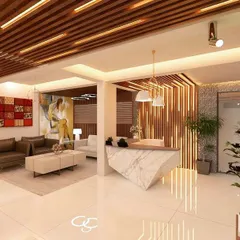 A render of a sophisticated commercial lobby and reception area we designed. The space features a marble reception desk, elegant wood slat ceilings with integrated lighting, and a vertical garden wall, creating a welcoming and luxurious atmosphere.
