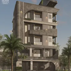 This angle of the 40x40 contemporary home shows how the horizontal curved bands create a flowing, sculptural facade. The design ensures good ventilation and natural light while being fully Vastu compliant.