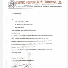 I am proud to have received this performance and after-sales service letter from Sunand Hospital & IVF Center. My team and I successfully installed a HIKVISION CCTV camera system to secure their premises.