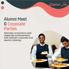 Our attentive staff are pictured serving guests with a smile at a corporate alumni meet. This demonstrates our hands-on approach to service, ensuring everyone gets their food promptly and pleasantly.