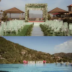 The breathtaking venue for a hill station wedding in Kasauli. The mandap overlooking the mountains and the infinity pool creates a truly magical setting for a wedding.