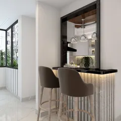 This design features a stylish dinette or bar seating area connected to the kitchen, perfect for small spaces or casual meals.