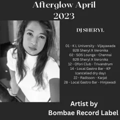 My 'Afterglow April' gig list. This calendar highlights my tour dates across South India, including a university festival in Vijayawada and club nights in Chennai and Trivandrum.
