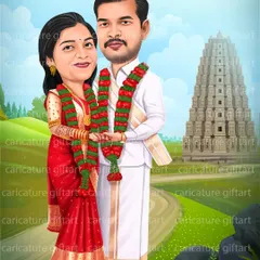 Another beautiful temple-themed wedding caricature. I illustrated the couple holding hands, adorned with garlands, with the temple gopuram rising in the background. This is a popular choice for traditional wedding invitations.