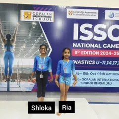 Shloka and Ria on the podium at the ISSO National Games. Shloka took 2nd on Vault and Ria secured 3rd on Floor, both placing in the top of the U11 all-around category.