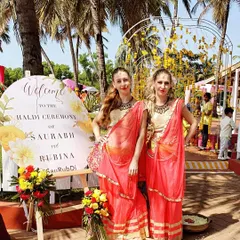 Two of our Russian hostesses dressed in beautiful Indian attire for a Haldi ceremony. We can costume our international artists to perfectly match the theme of your traditional event.