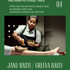 For knee pain and arthritis, we use Janu Basti. This therapy involves creating a reservoir around the knee joint and filling it with warm, medicated oil to lubricate the joint, reduce pain, and strengthen the surrounding muscles.