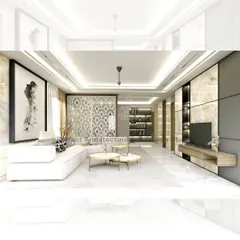 This 3D render showcases a bright and airy living space defined by a neutral color palette and white marble flooring. A custom-designed jaali partition elegantly separates the seating area, adding a decorative element without closing off the room. The floating TV console and built-in shelving maintain a clean, seamless look.