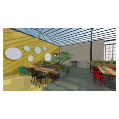 This conceptual render for a restobar highlights the use of yellow oxide flooring and exposed concrete walls. The design incorporates fresh green plants to create a natural and inviting atmosphere for patrons.