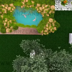 A detailed close-up from a 3D plan, focusing on a koi pond with a wooden deck surround and stone pathway.