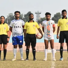A moment of respect before the U-19 final. This image of the team captains with the official refereeing team underscores my commitment to fair play and professionalism in every match I organize.