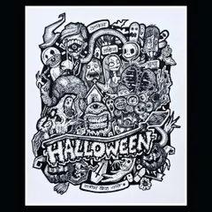 A spooky and fun Halloween doodle. This piece is packed with ghosts, ghouls, and monsters, all drawn by hand in a detailed black and white style.