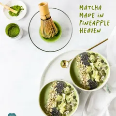 Our Matcha Made in Pineapple Heaven smoothie bowl is a tropical escape. We blend pineapple and matcha into a creamy base and top it with oats, chia seeds, and pumpkin seeds for a refreshing and energizing treat.
