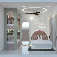 Another view of the 3D kids' bedroom design, this time focusing on the bed with its custom-upholstered, semi-circular headboard and whimsical cloud and moon-shaped lights.