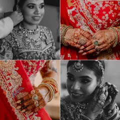 A collage of bridal details, focusing on Sakshi's intricate jewelry, henna-adorned hands, and the final touches of getting ready.