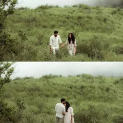 Walking hand-in-hand through misty green hills. This sequence from Treesa and Justin's outdoor couple shoot captures the serene and boundless feeling of starting a new journey together in nature's embrace.