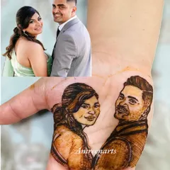 A side-by-side look at the reference photo and the final henna portrait. I take great care to capture your likeness and the emotion of the moment.
