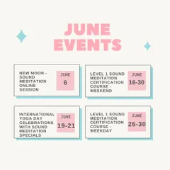Come gear up for June with us. This schedule includes a New Moon session, International Yoga Day celebrations, and our Level 1 Sound Meditation Certification courses for both weekend and weekday participants.