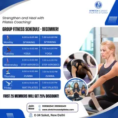 Check out our December group fitness schedule with both morning and evening classes. The first 20 members get a 20% discount!