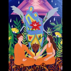 This custom painting tells a personal story, depicting a couple surrounded by nature and a spiritual aura. The artwork is filled with symbolic elements like lotuses and vibrant colors to represent their connection.