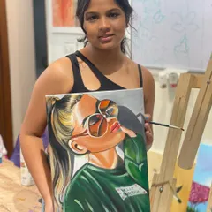 This modern portrait of a girl with sunglasses is a great example of the pop art style we explore in class. The student learned to use bold, flat colors and clean lines to create a striking image.