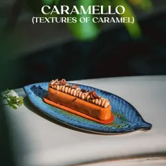 Our Caramello dessert, featuring multiple textures of caramel. It’s part of our Dessert Carousel, a slow dance of memories spun in mousse and cream.