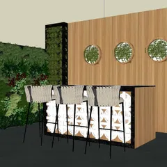 A 3D design concept for a terrace bar area in Gurgaon. This plan includes a chic bar counter, stylish seating, and vertical green walls, creating a perfect space for parties and gatherings.