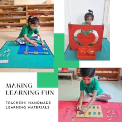 Learning is always fun when the materials are made with love. This collage showcases more of our teachers' handmade creations, designed to engage children in learning about biology and fine motor skills.