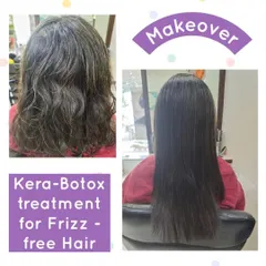 A fantastic Kera-Botox transformation. We took this client's frizzy, damaged hair and made it smooth, straight, and incredibly easy to style, as you can see in the 'after' shot.