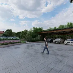 A meticulously crafted 3D landscape design for a beautiful farmhouse in Noida. This view highlights the spacious parking area surrounded by lush flower beds and trees.