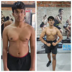 This before-and-after shot shows a client's aesthetic body transformation. Through consistent training and dedication, he sculpted a chiseled physique, moving from a softer build to a defined, muscular look.