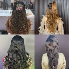 A collage of different open and braided hairstyles, showing the variety of looks I can create.