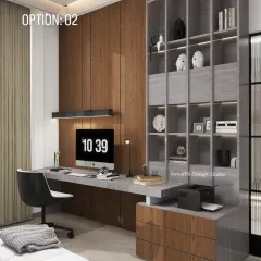 The second option for the study unit, this time in a warmer wood and grey combination, providing a softer and more classic alternative.