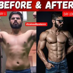 Another angle of the 100-day journey. Notice the significant reduction in body fat around the midsection and the new muscle definition in the chest and arms.