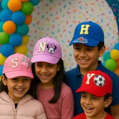 A group of smiling children showing off their unique, custom-designed caps at a birthday party. Each cap reflects their personality with different initials and patches like Minnie Mouse, a unicorn, and a soccer ball.