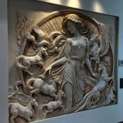 The full view of the installed Grecian mural, illuminated by spotlights. The piece is framed within a wall panel, making it look like a timeless stone carving.