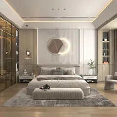 A bright and airy bedroom design with a focus on natural textures. This room includes a fluted wood panel wall, a glass-fronted wardrobe for a spacious feel, and a modern art piece above the bed.