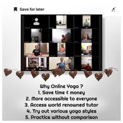 This graphic highlights five key advantages of online yoga: it saves time and money, is more accessible, allows you to learn from world-renowned tutors, try various styles, and practice without comparison.