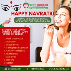 Navratri can be a time for spiritual and mental rejuvenation. This graphic lists 9 foods that help lower stress and boost happy hormones, such as dark chocolate, avocado, and almonds.