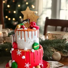 A two-tiered custom Christmas cake, perfect as a centerpiece for a holiday party. This design features a festive red and white theme with a caramel drip, macarons, and snowflake details.
