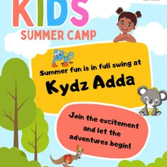 A bright and cheerful poster announcing that summer fun is in full swing at Kydzadda, inviting everyone to join the adventure.