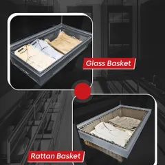 Choose your style: the modern, see-through Glass Basket or the warm, classic Rattan Basket. Both are designed to glide smoothly and provide excellent storage for folded garments.
