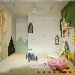 The full view of this "tiny dreamland" shows how we combine different elements. A whimsical wall mural, a mountain-shaped chalkboard, and a tree-like coat rack all contribute to a room that encourages creative play.