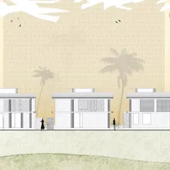 An elevation drawing for the "Pavilions in the Fields" project. The design juxtaposes solid volumes with porous screen walls, creating a visual rhythm of solidity and transparency that breathes with the landscape.