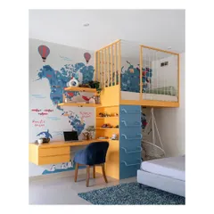 The coolest part of this kids' room is the bunk bed, complete with a safety net on top and a swing below. It’s like having a mini playground right in your own room for endless fun.